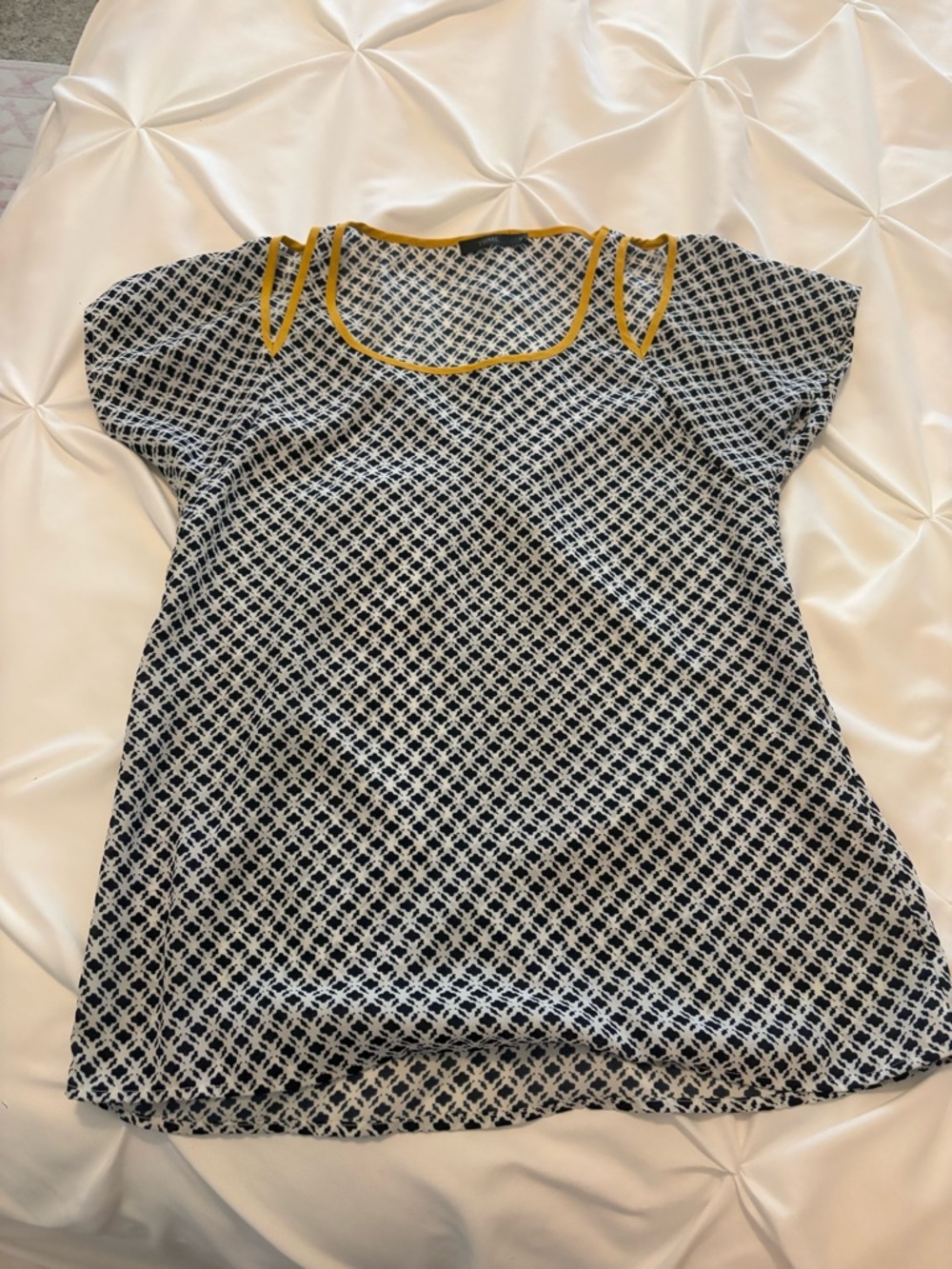 THML Navy and White Geometric Short Sleeve Top with Mustard Trim